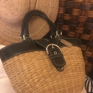 COACH straw tote bag leather black